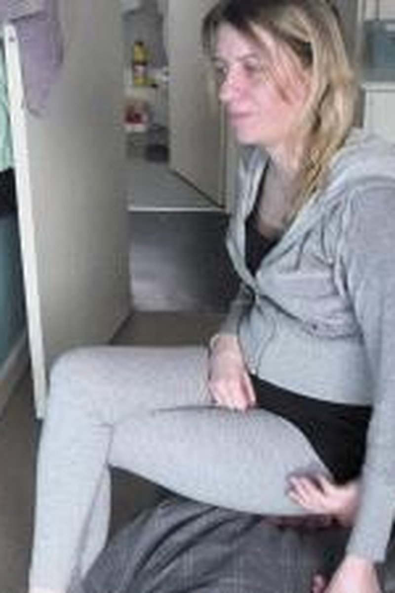 Sitting On His Head In Her Grey Leggings - Screenshot 1 of 4 - Human Furniture